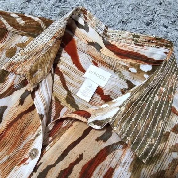 CHICOS 2 Neutral Zebra Chic Joceline Top Long Sleeve Sequin Collar - Picture 6 of 16